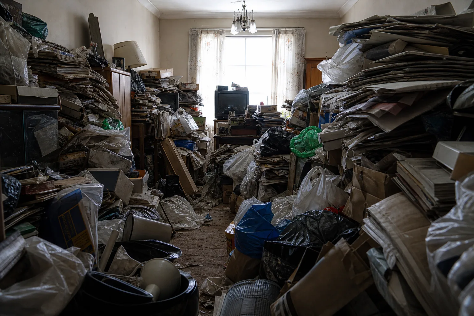Severely cluttered room requiring hoarder cleaning and property clearance